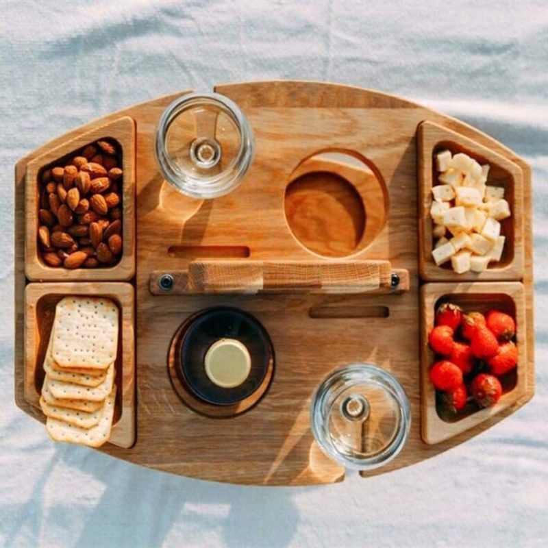 Tables Wooden Picnic Table With Glass Holder Foldable Desk Wine Glass NEW