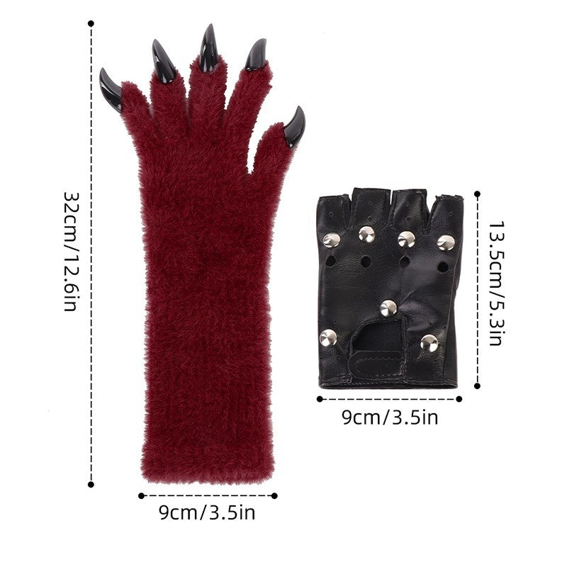Fursuit PU Leather Fur Gloves Animal Paw Gloves Beast Claws for Party Cosplay