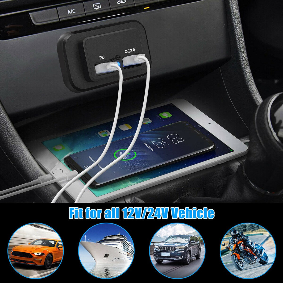 Car DC 12V-24V PD Type C USB Port Fast Charger Socket Power Outlet Panel Charger