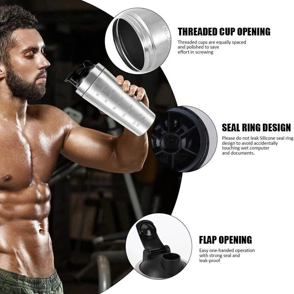 739ML Metal Protein Shaker Bottle Leakproof Sports Mixer Cup with Mixing Ball