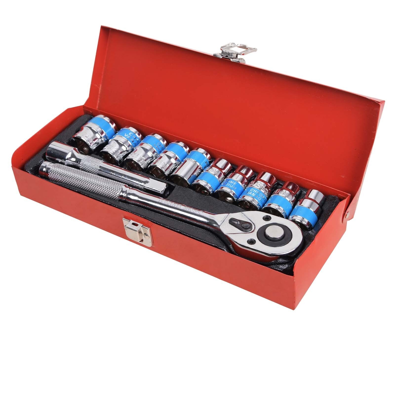12Pc 1/2'' Socket Set 10-24mm Metric Drive Extension Ratchet Wrench Steel Case