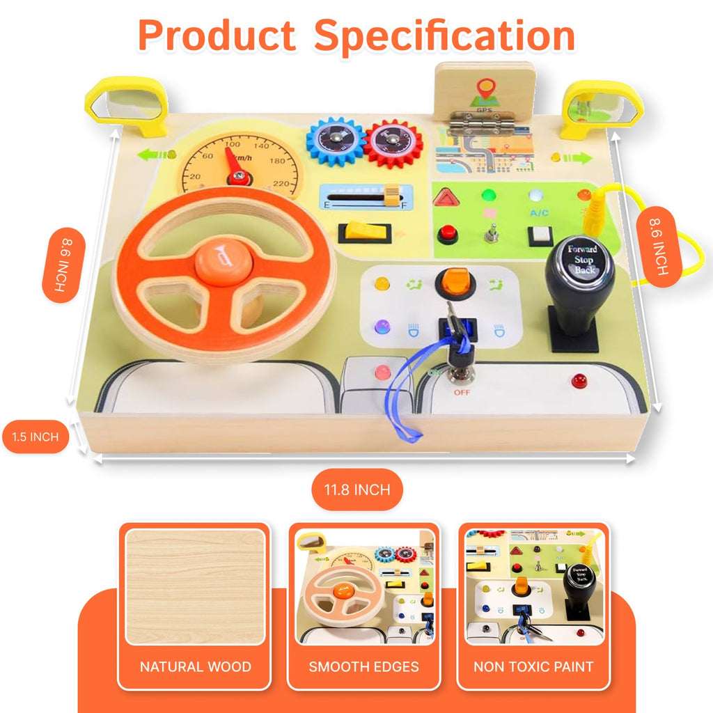Montessori Simulated Car Driving Wheel Busy Board Sensory Toys with Light Switch