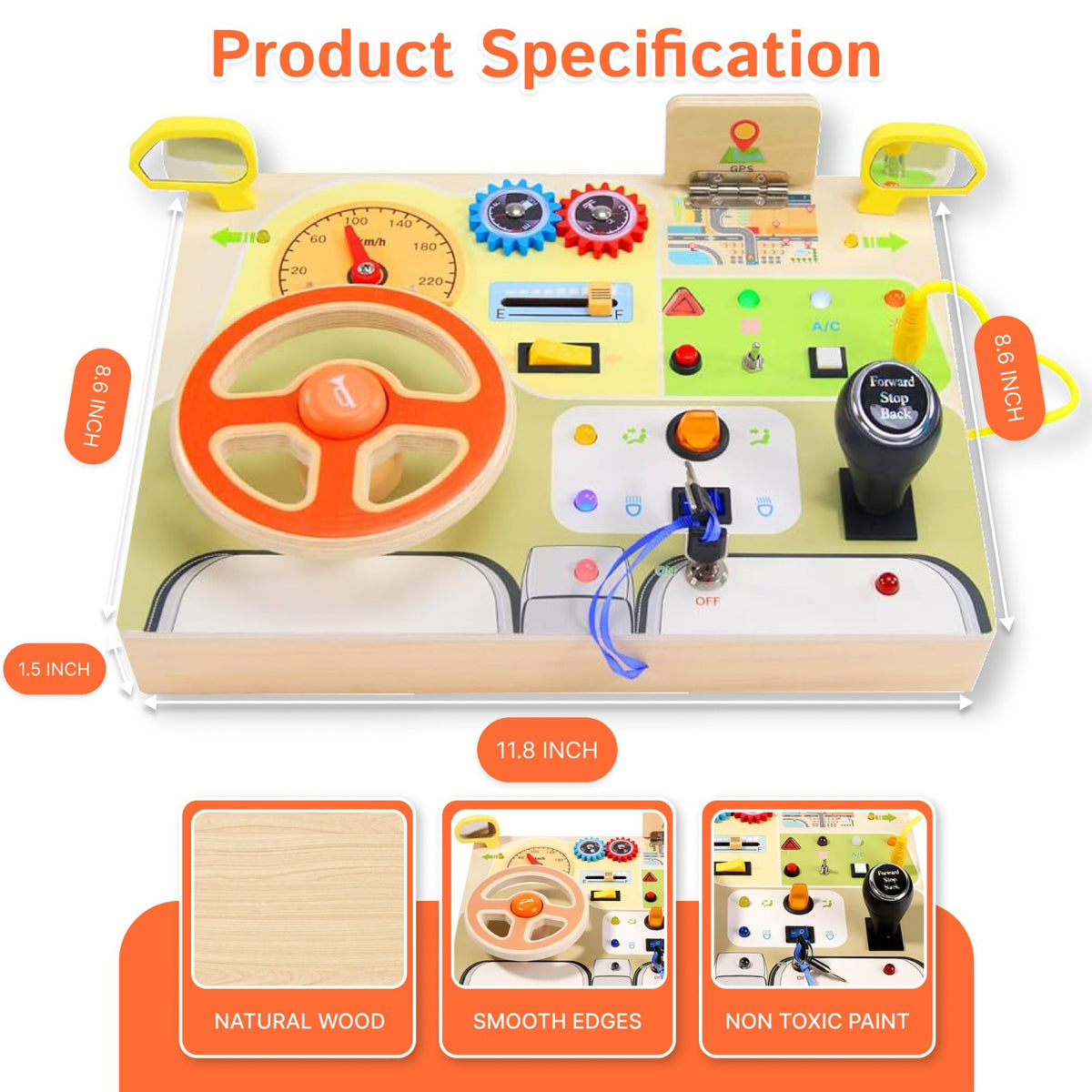 Montessori Simulated Car Driving Wheel Busy Board Sensory Toys with Light Switch