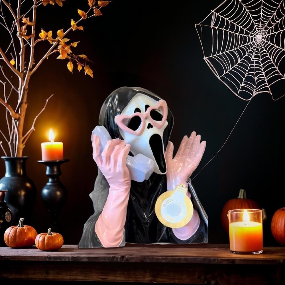 2026 Ghoulish Resin Light Up Halloween Pink/Black Scream Ghost Face Statue Decor