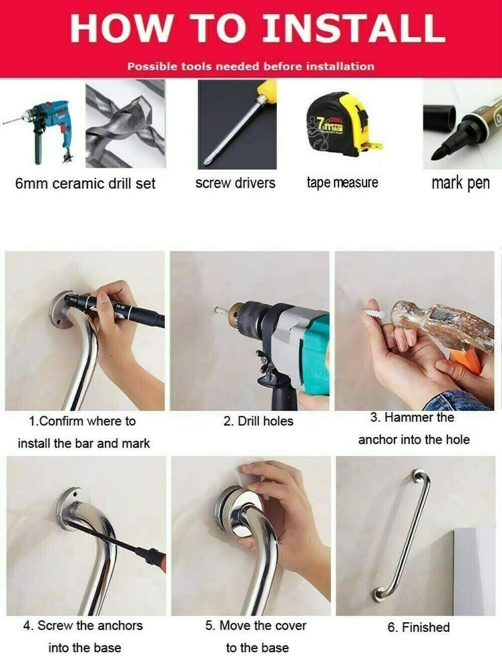 2X Safety Grab Bar Bathroom Support Handle Steel Bath Toilet Hand Rail 40cm