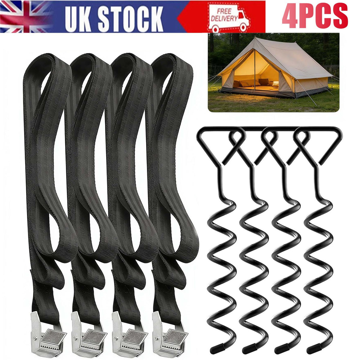 4 x Heavy Duty 40cm Trampoline Anchor Ground Pegs Tie Down Kit Corkscrew Spiral