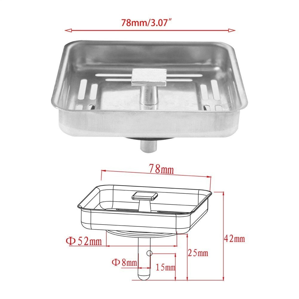 Square Stainless-Steel Kitchen Sink Strainer Drainer Post Stopper Waste-Plug