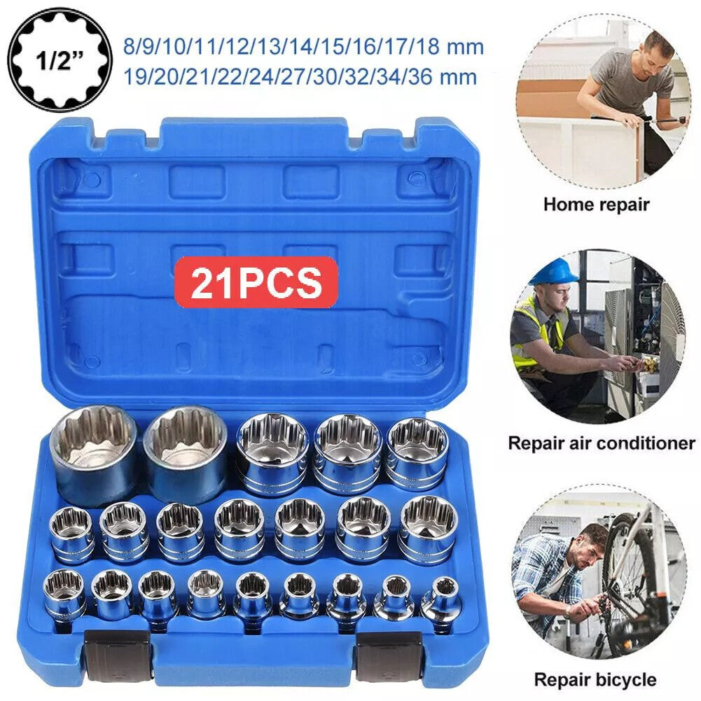 21Pcs 1/2" Drive Universal Spline Socket 12-point 8-36mm CR-V Metric Socket Set