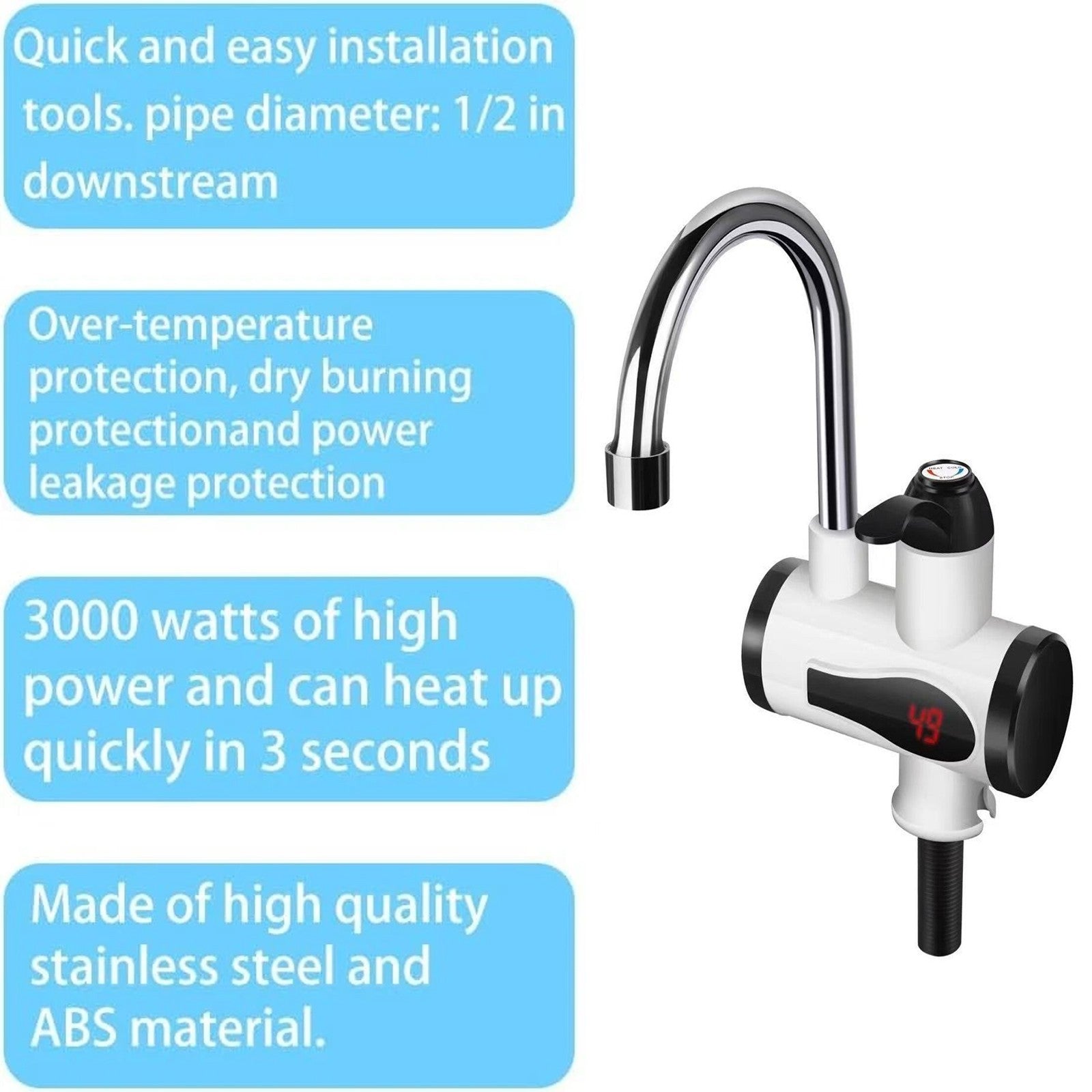 360° LED Electric Heater Faucet Tap Instant Hot Water Bathroom Kitchen Fast Heat