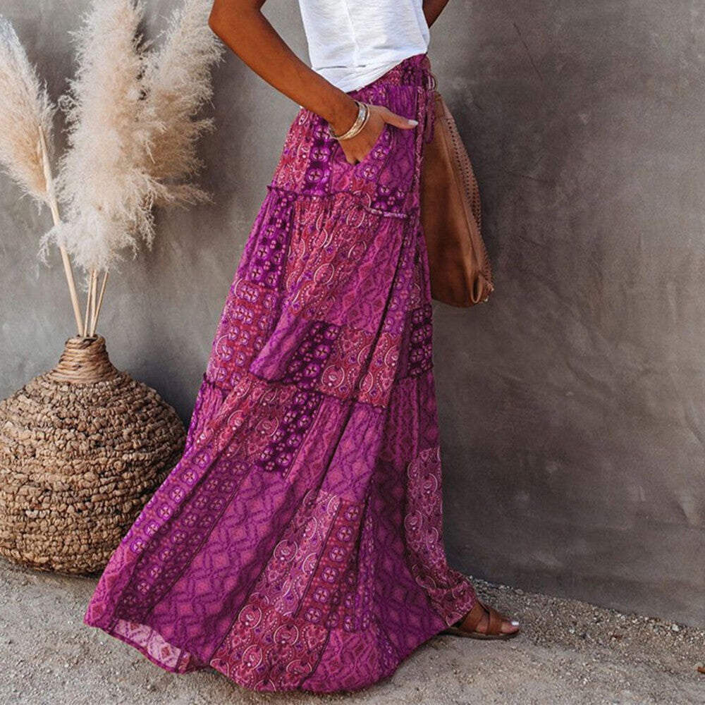 Women Bohemian High Waist Long Skirt Ladies Holiday Swing Baggy Boho Maxi Skirts