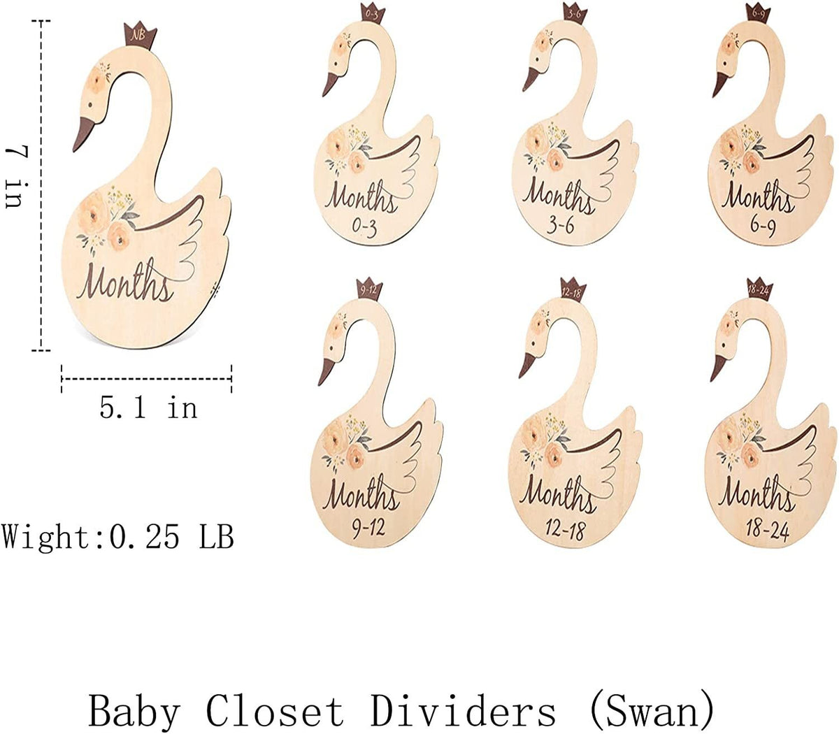 7 Pcs Swan Shape Wooden Baby Clothes Size Dividers for Closet Organizer