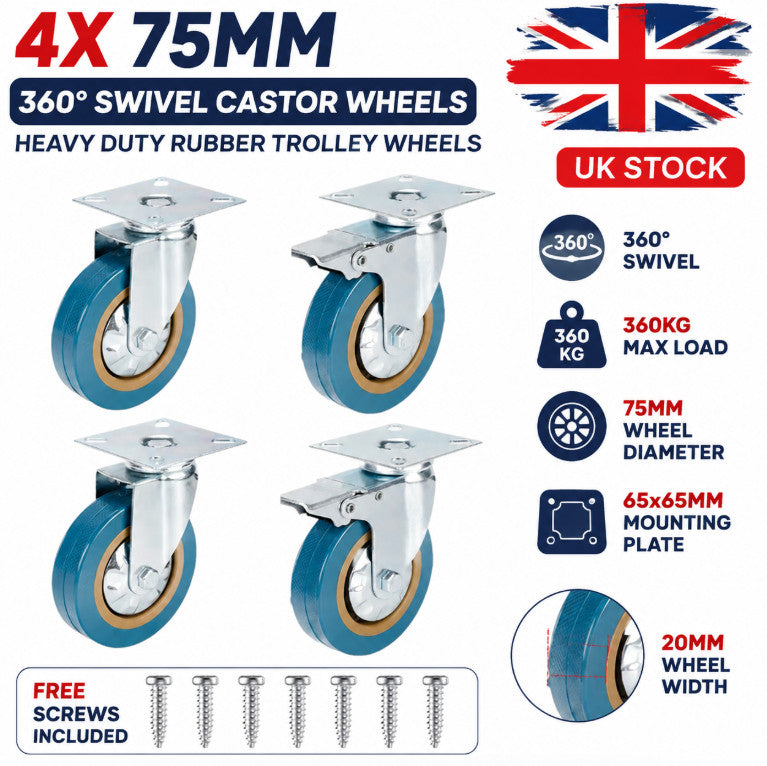 4Pcs 75mm Heavy Duty Rubber Castor Wheels Full 360° Swivel Trolley Casters