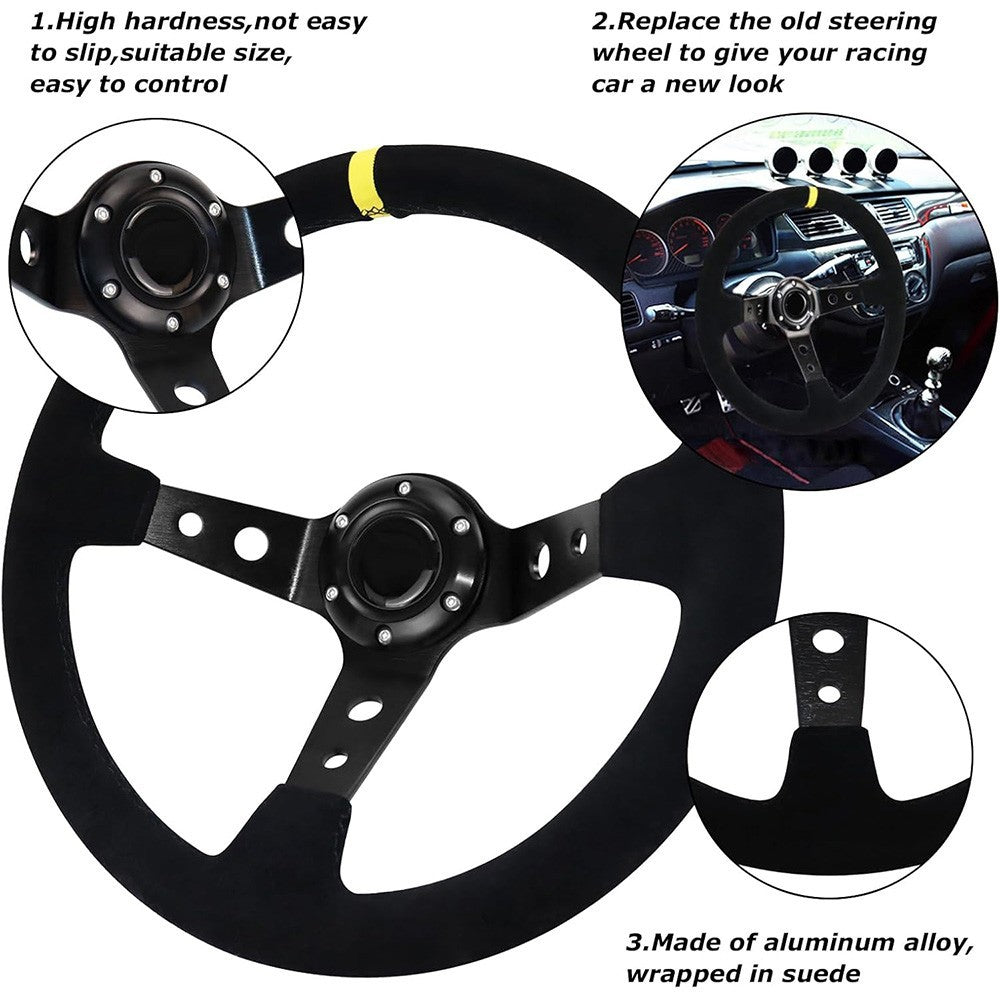 6 Bolt Steering Wheel 350mm Black Suede Fits for Race Rally Road Deep Dished UK
