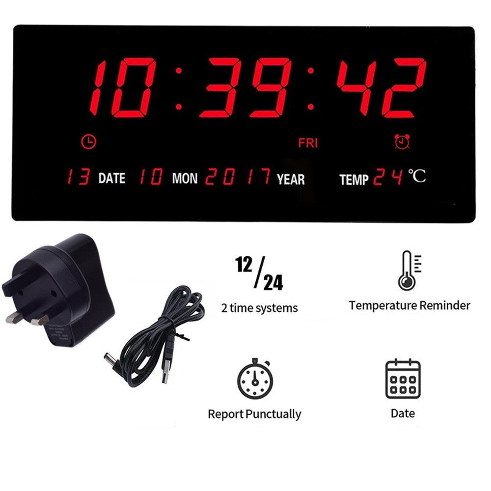 Large Jumbo Digital LED Wall Clock Desk Alarm Calendar Temperature Humidity Date