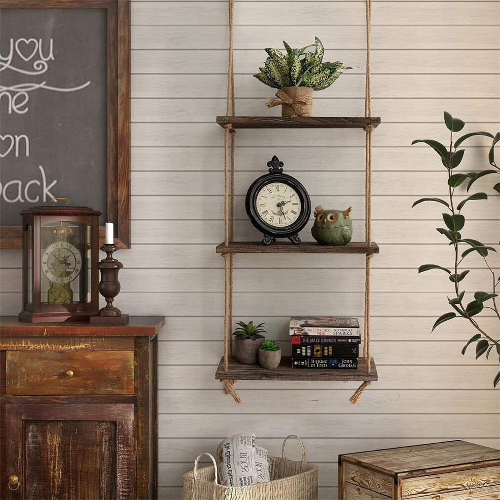 3 Tiers Boho Hanging Wall Shelves Swing Rope Floating Shelf Window Plant Hanger