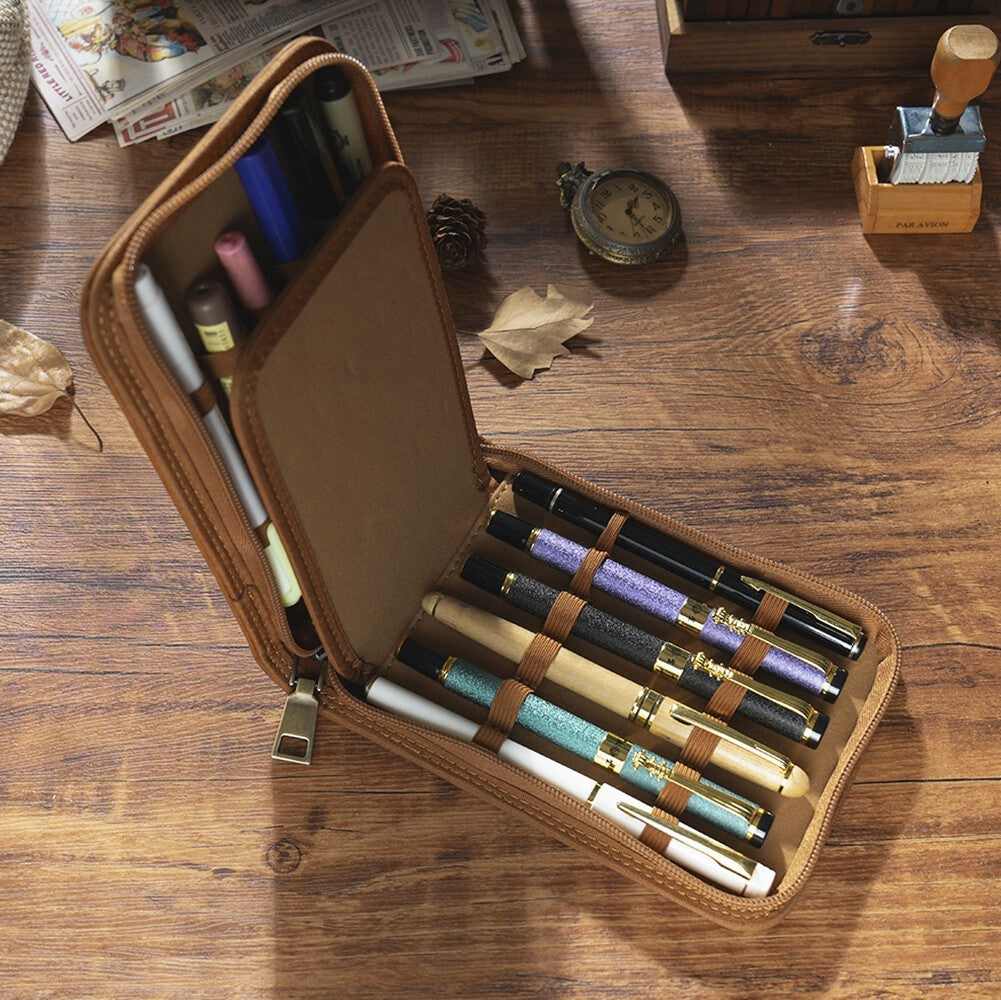 Genuine Leather 12 Slots Fountain Pen Case Stationery Pen Storage Bag Organizer
