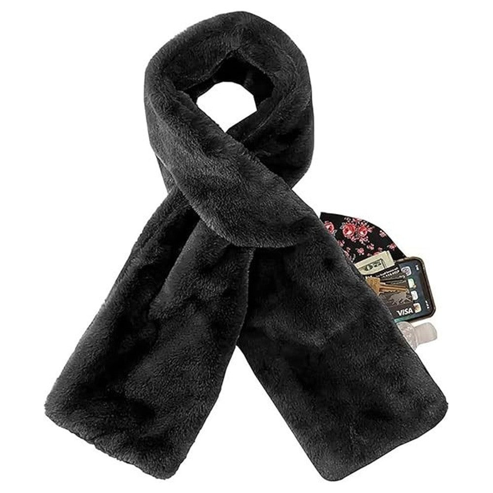 Faux-Fur Pull Through Scarf With Hidden Zipper Pocket Warm Neckwear for Women