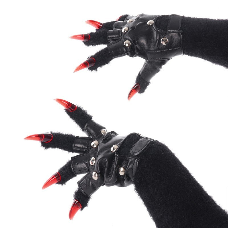 Fursuit PU Leather Fur Gloves Animal Paw Gloves Beast Claws for Party Cosplay