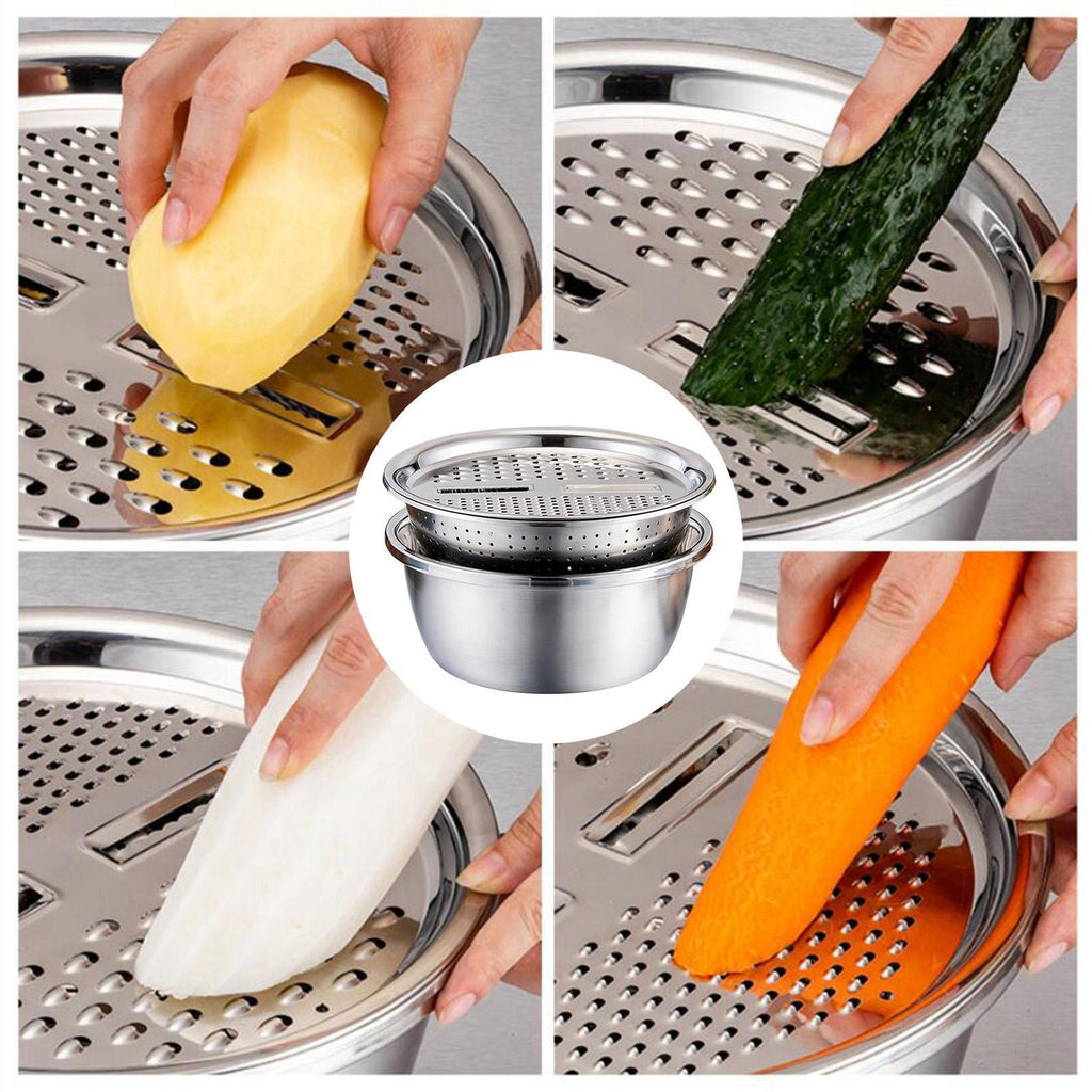 3 in 1 Stainless Steel Basin Strainer Julienne Grater Bowl and Strainer