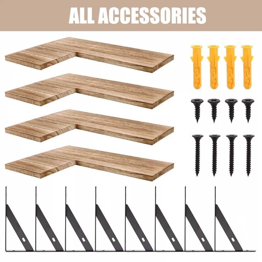 4 Piece Home Corner Floating Shelves Wall Mounted Storage Wooden Display Shelf