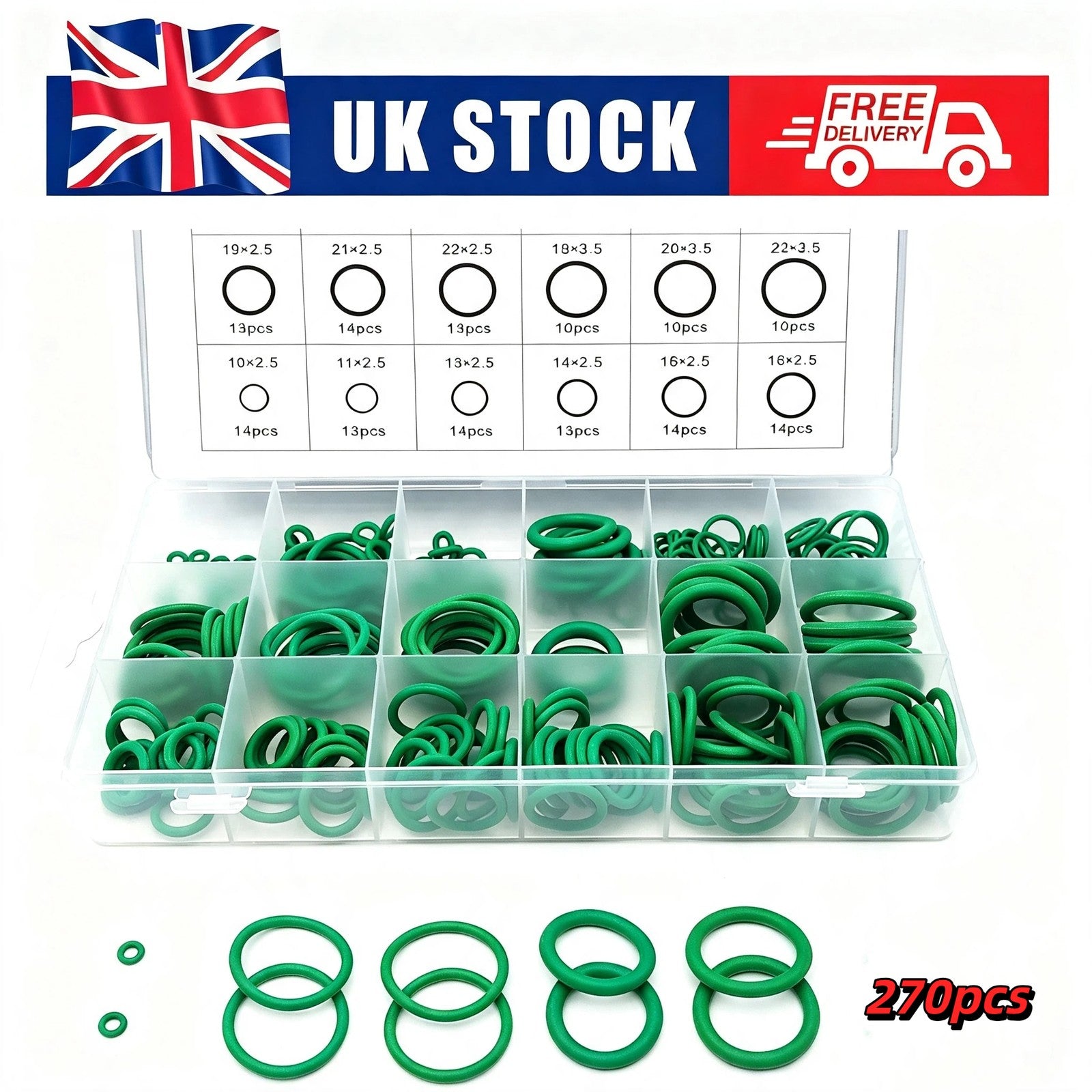 270X Rubber O Ring Fluorine Assortment Set Universal Oil Gasket Seal Kit Box UK