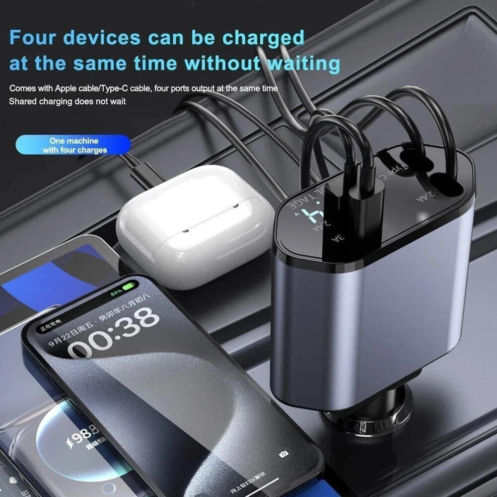Retractable Car Charger 4IN1 120W USB Type C Cable For Phone Fast Charge Adapter