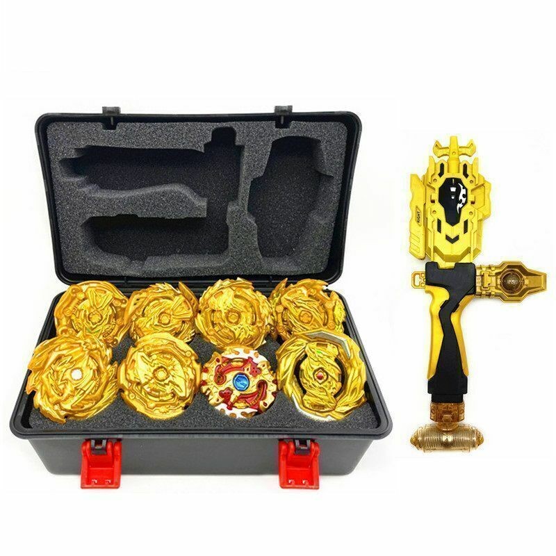 8pcs Golden Beyblade Set Gyro Burst With Launcher Portable Storage Box Kids Gift