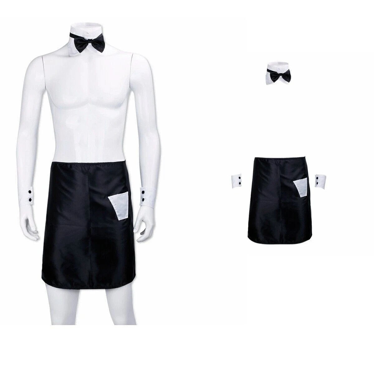 Mens Cosplay Costume Apron Waiter Outfit with Bow Tie Collar Cuffs Set UK