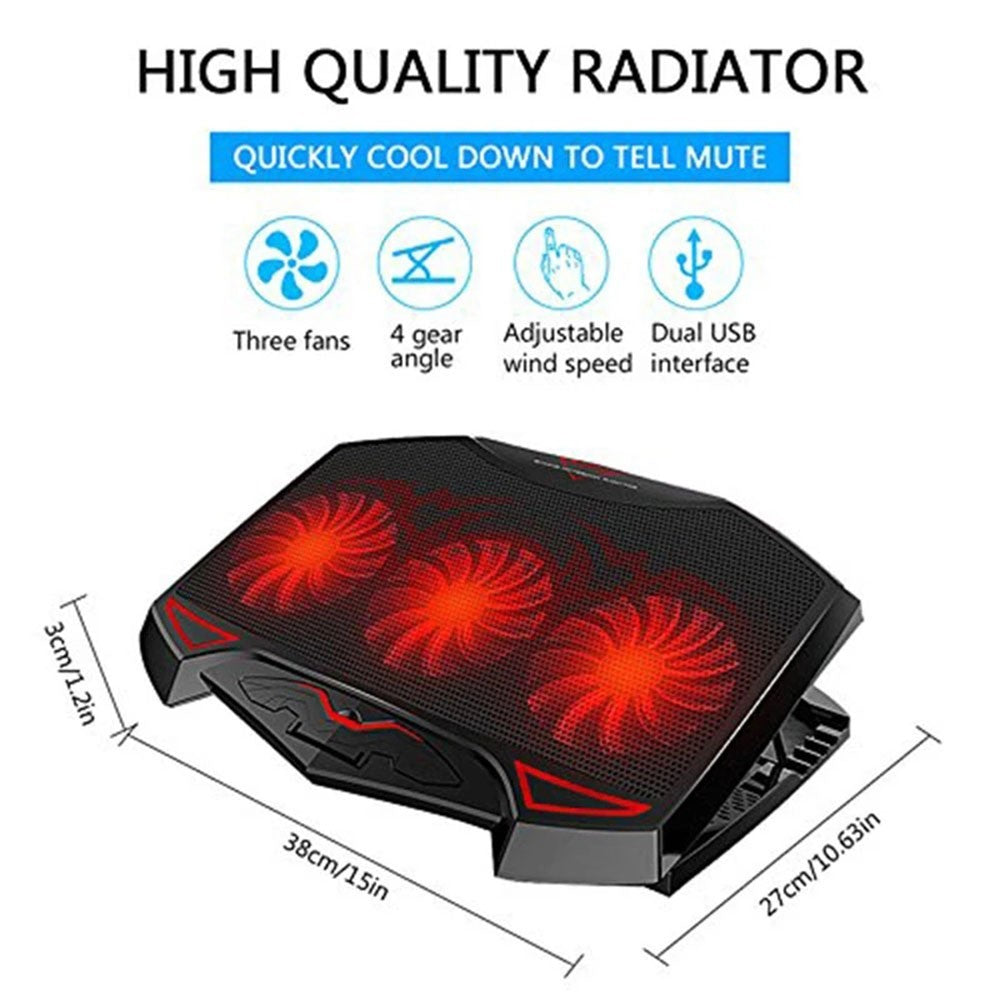 Quiet Laptop Cooler 3 Powerful Fans Gaming Cooling Mat Pad Stand Tilt 12-17" UK