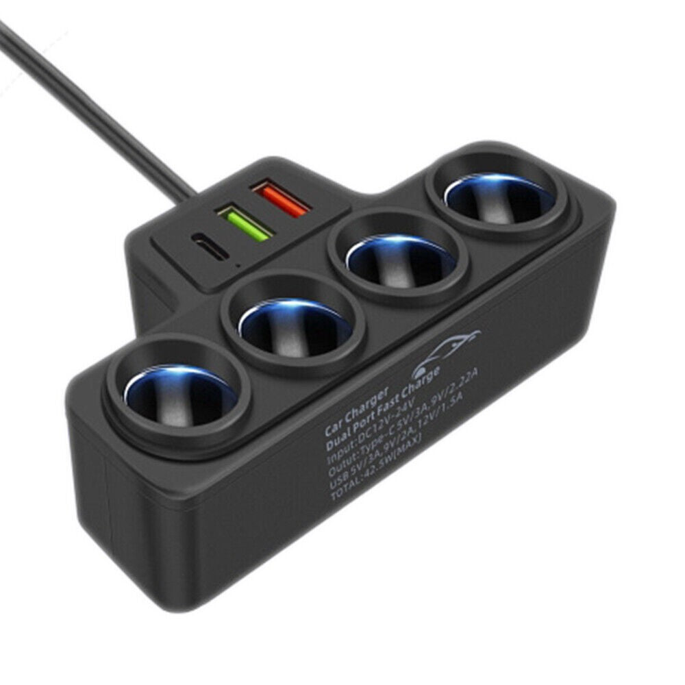 4 Way 12V 24V Multi Socket Car Cigarette Lighter Splitter USB Charger Adapter
