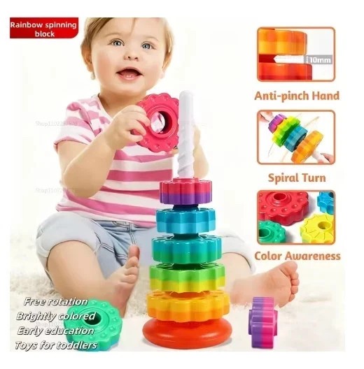 Baby Rainbow Tower Spinning Toy Colorful Gift Learning Activities 12m+ BPA Free