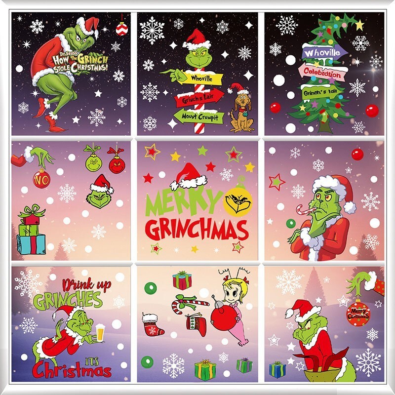 Christmas Grinch's Removable Window Stickers Xmas Art Decal Wall Home Shop Decor