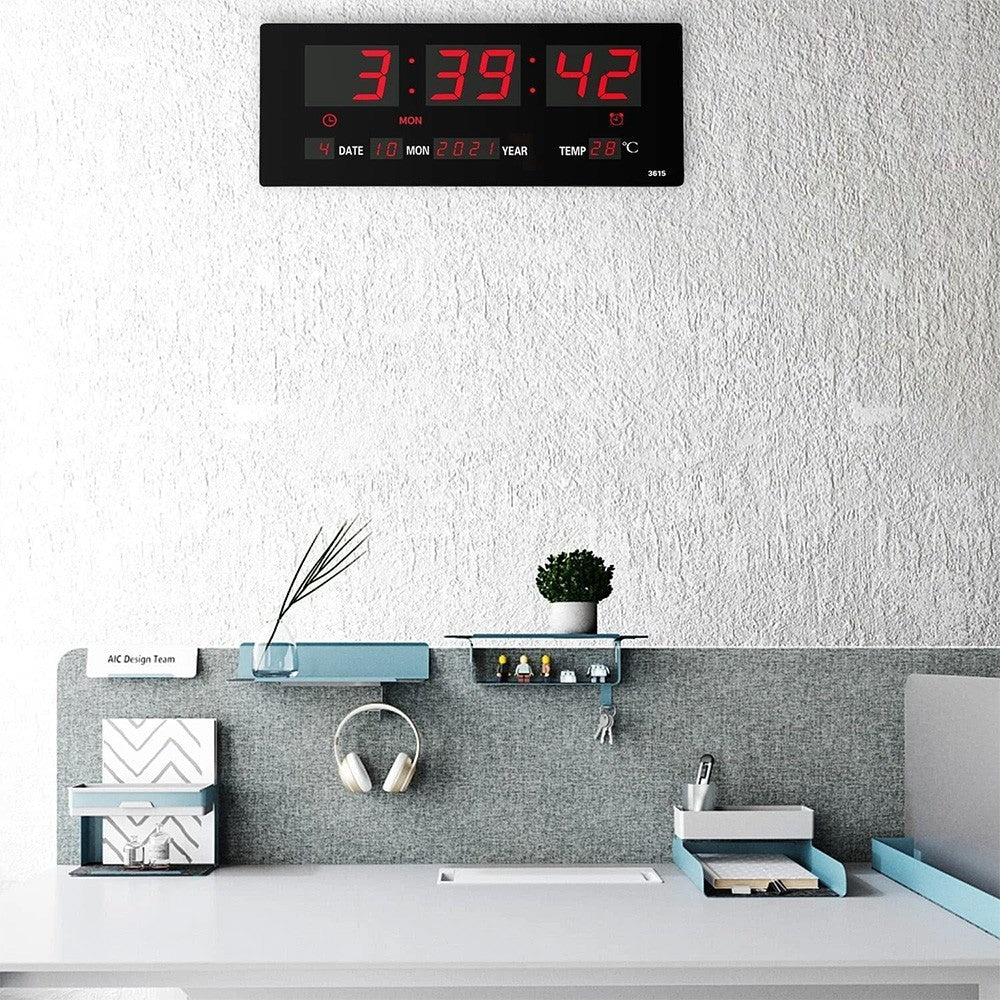 Large Jumbo Digital LED Wall Clock Desk Alarm Calendar Temperature Humidity Date