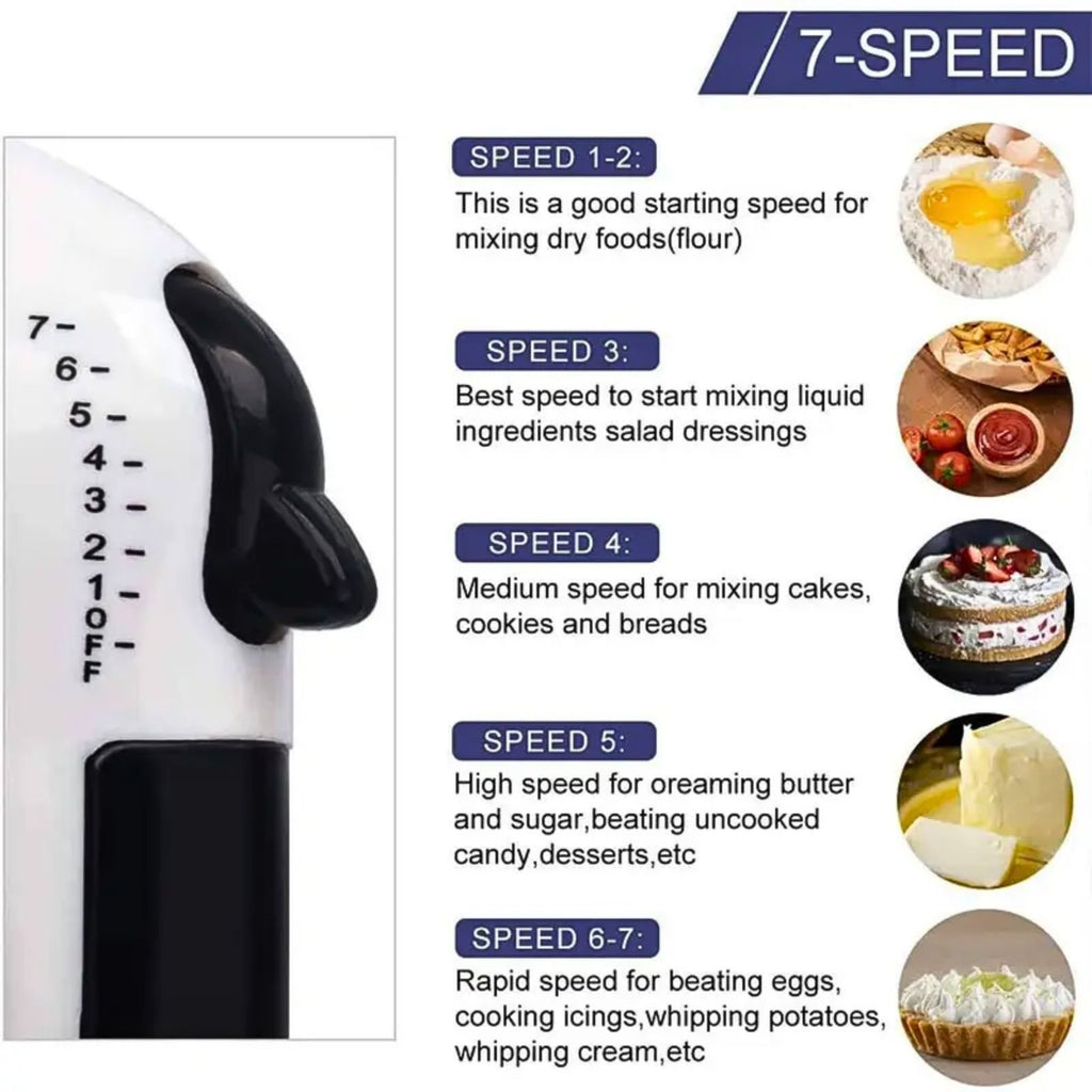 7 Speed Electric Hand Mixer  Handheld Whisk Beaters & Dough Baking Hooks
