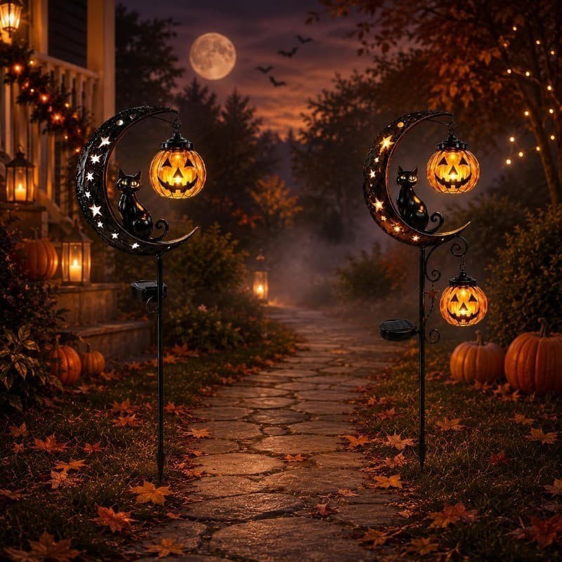Halloween Solar Black Cat Pumpkin Moon Garden Stake Light Waterproof Yard Decor