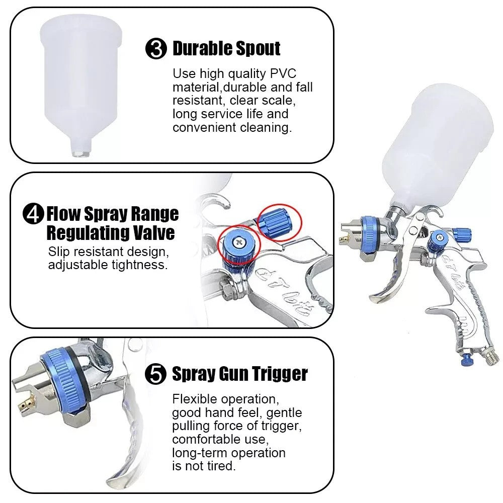 600CC HVLP Gravity Feed Paint Spray Gun Set 3 Nozzles Air Regulator Tool