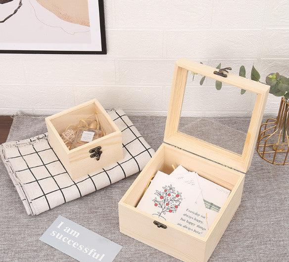 2PCS Unfinished Wooden Display Box with Hinged Lid for DIY Craft Beige