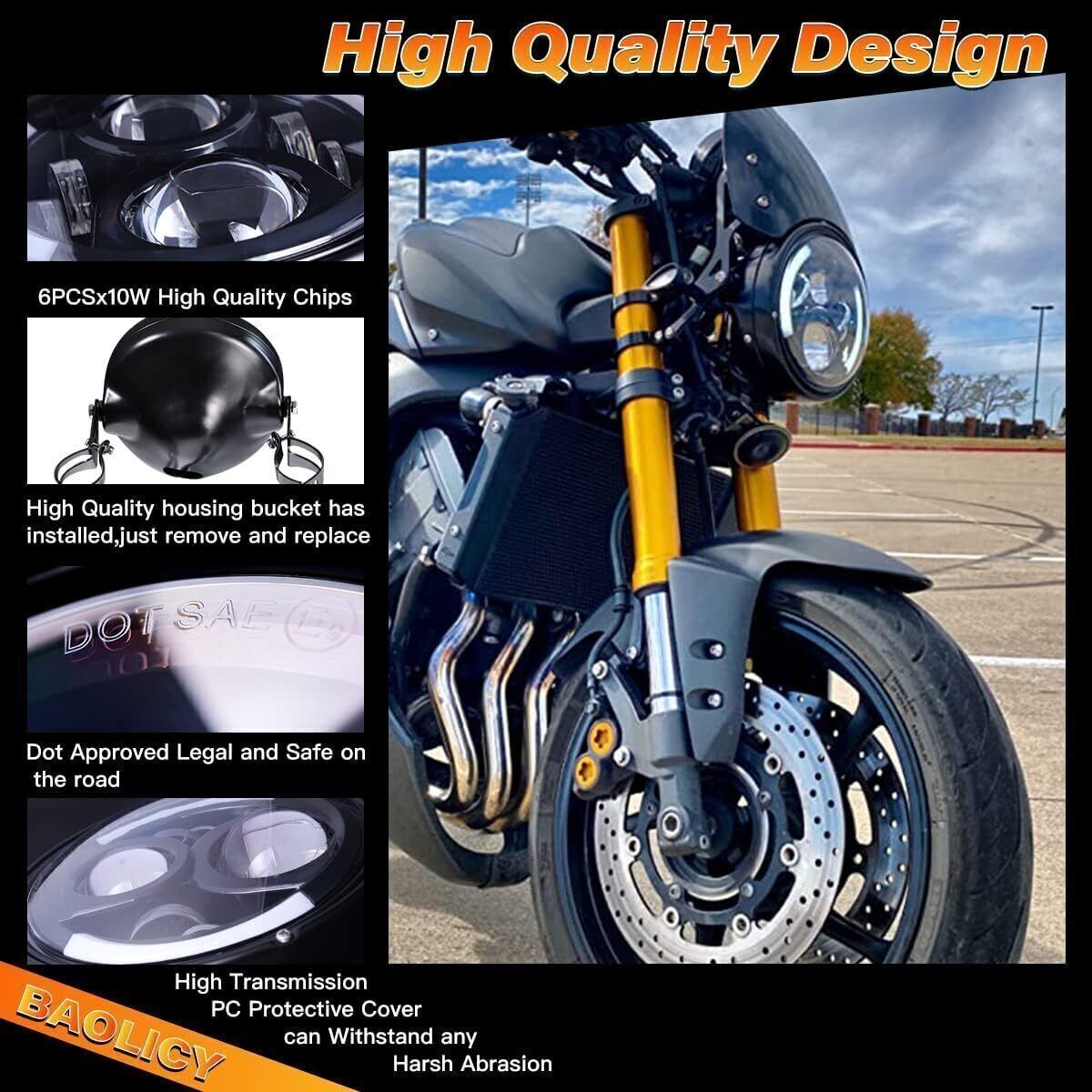 7'' Round LED Motorcycle Headlight with Housing Bucket Mount  Amber for Harley