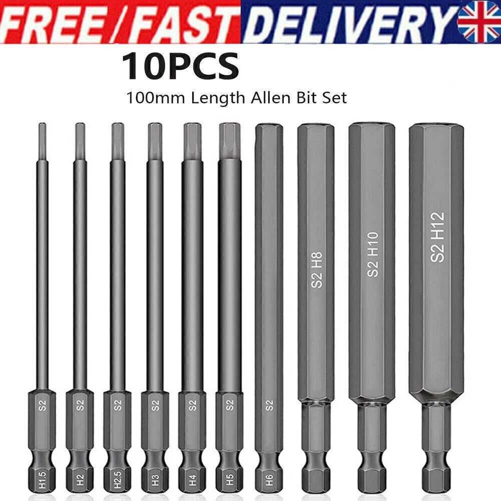 10Pc Long Metric Hex Allen Key Bit Quick Change Impact Driver Drill Connect Bits