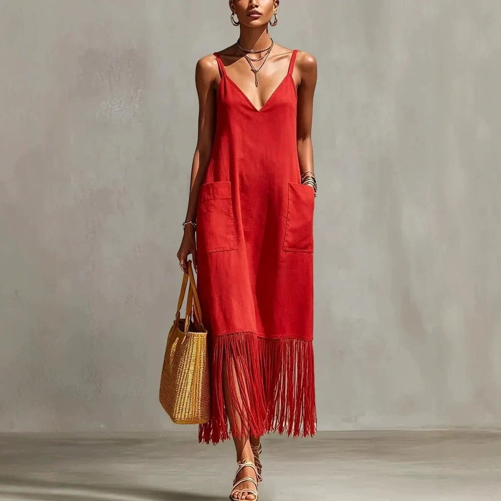 Womens Solid-Color Tassel-Hem Dress