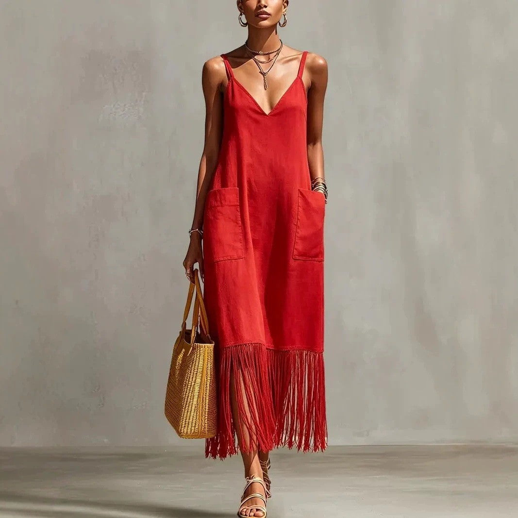 Womens Solid-Color Tassel-Hem Dress