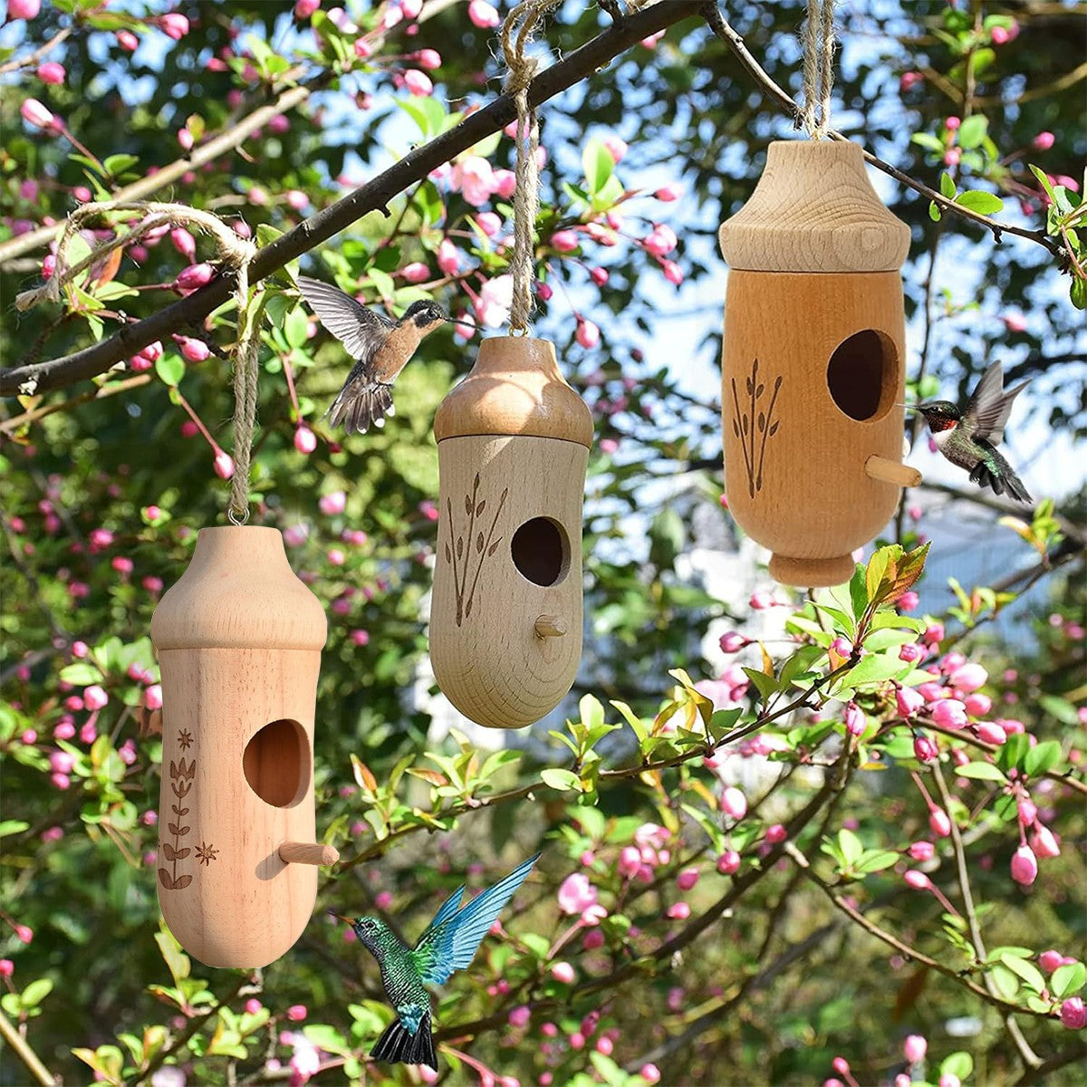 2x Hummingbird House Wooden Hand Craft Ornament Outdoor Garden Patio Decor