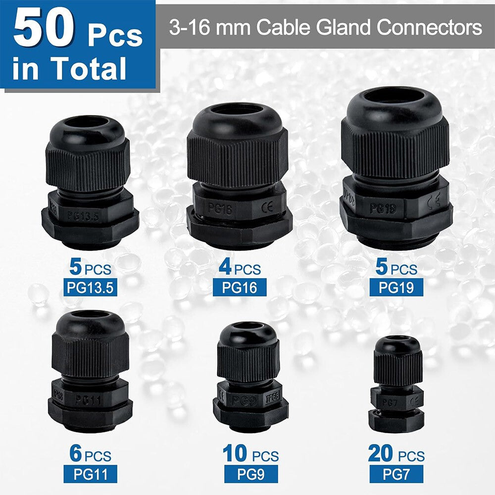 50Pcs Waterproof Nylon Cable Gland Kit IP68 Joints Adjustable Locknut Tool Set