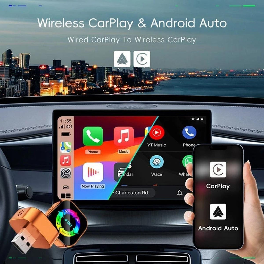 Wireless 4-in-1 CarPlay Android Auto MirrorLink Adapter BT WiFi USB Plug & Play