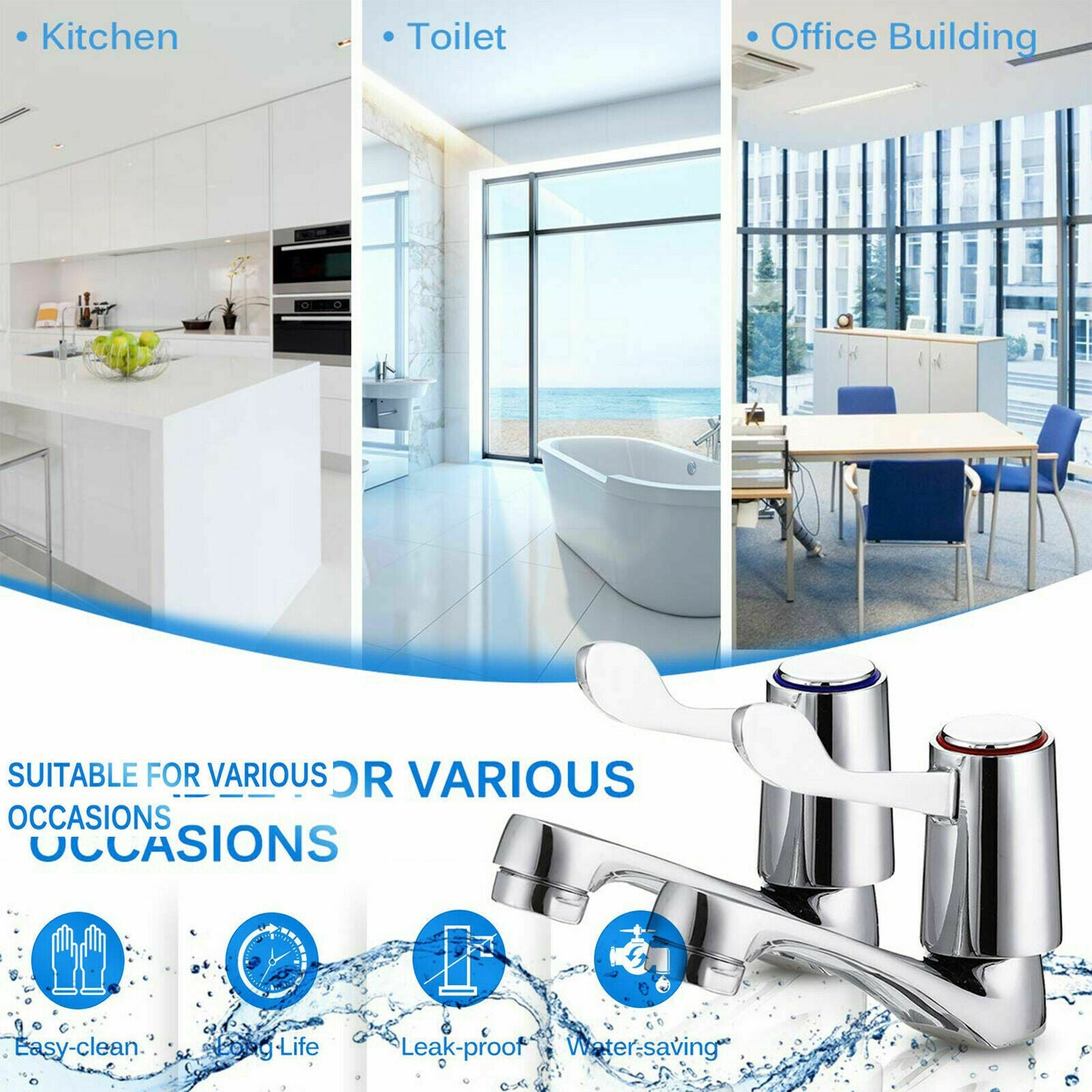 1x Pair Basin Sink Pillar Taps Disabled Lever 1/4 Turn Chrome 1/2" Hot Cold Set