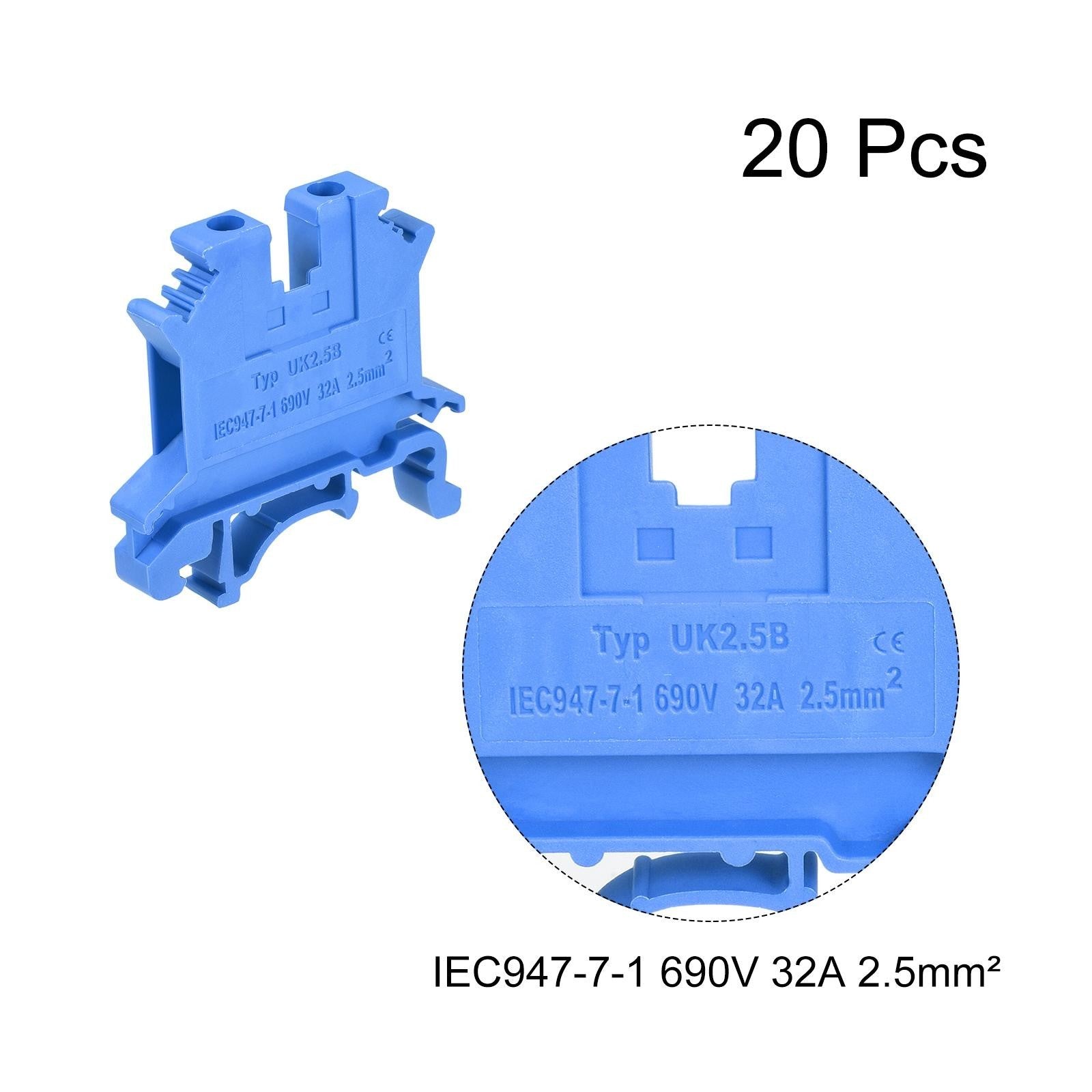 DIN Rail Mount Terminal Blocks Screw Type Clamp Blue UK2.5B Pack of 20