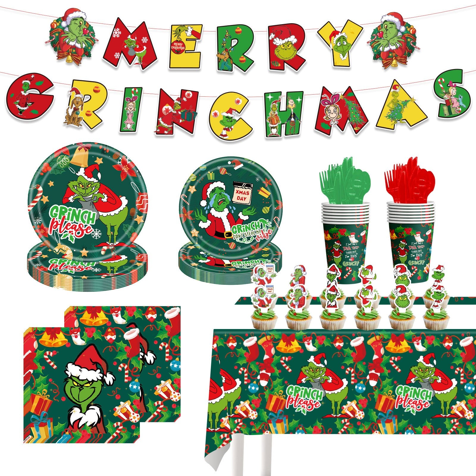 106Pcs Christmas Grinch Party Decorations Christmas Birthday Tableware Plates