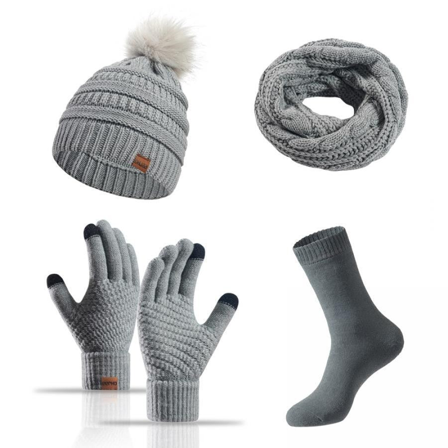 Hat Scarf and Gloves Set Ladies, Winter Beanie Hat for Women with Pom Pom Fleece