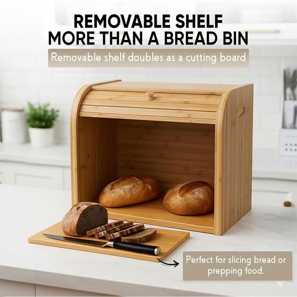 2 Tier Bamboo Bread Bin Double Layer Kitchen Storage Container Loaf Bread Box UK