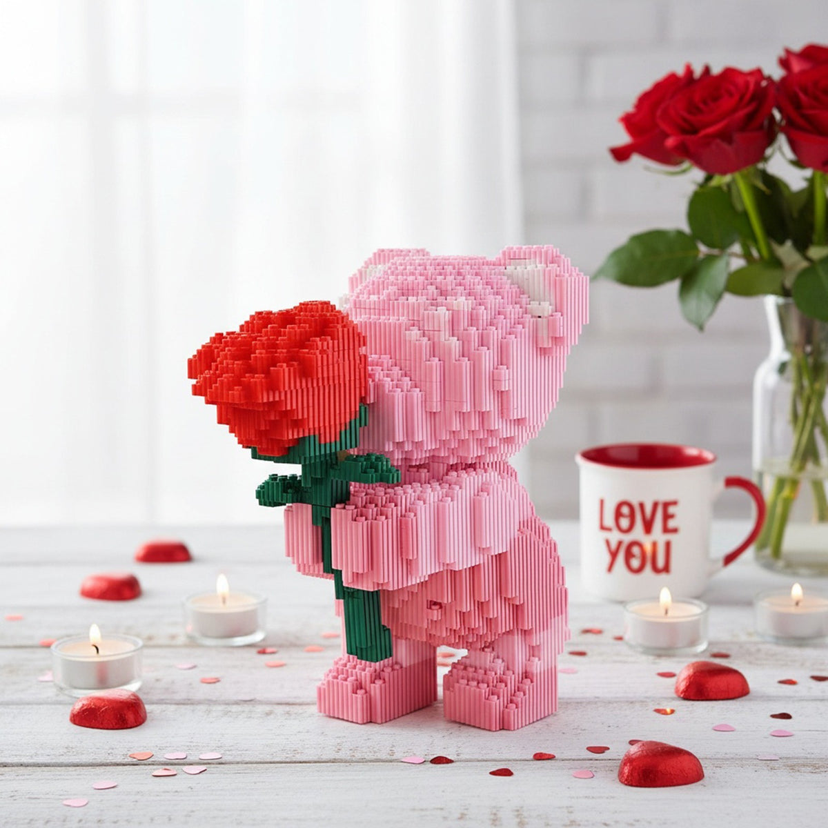 DIY Bear Micro Building Block Toy with Rose Gift for Adults & Boys & Girls
